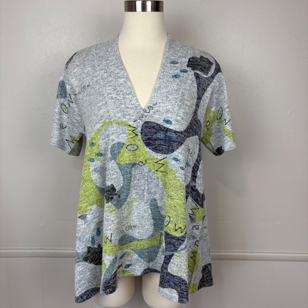 Inoah Wearable Art Knit Top Size M‎ Gray Cats Fish Unique Funky Fun Artsy Meow